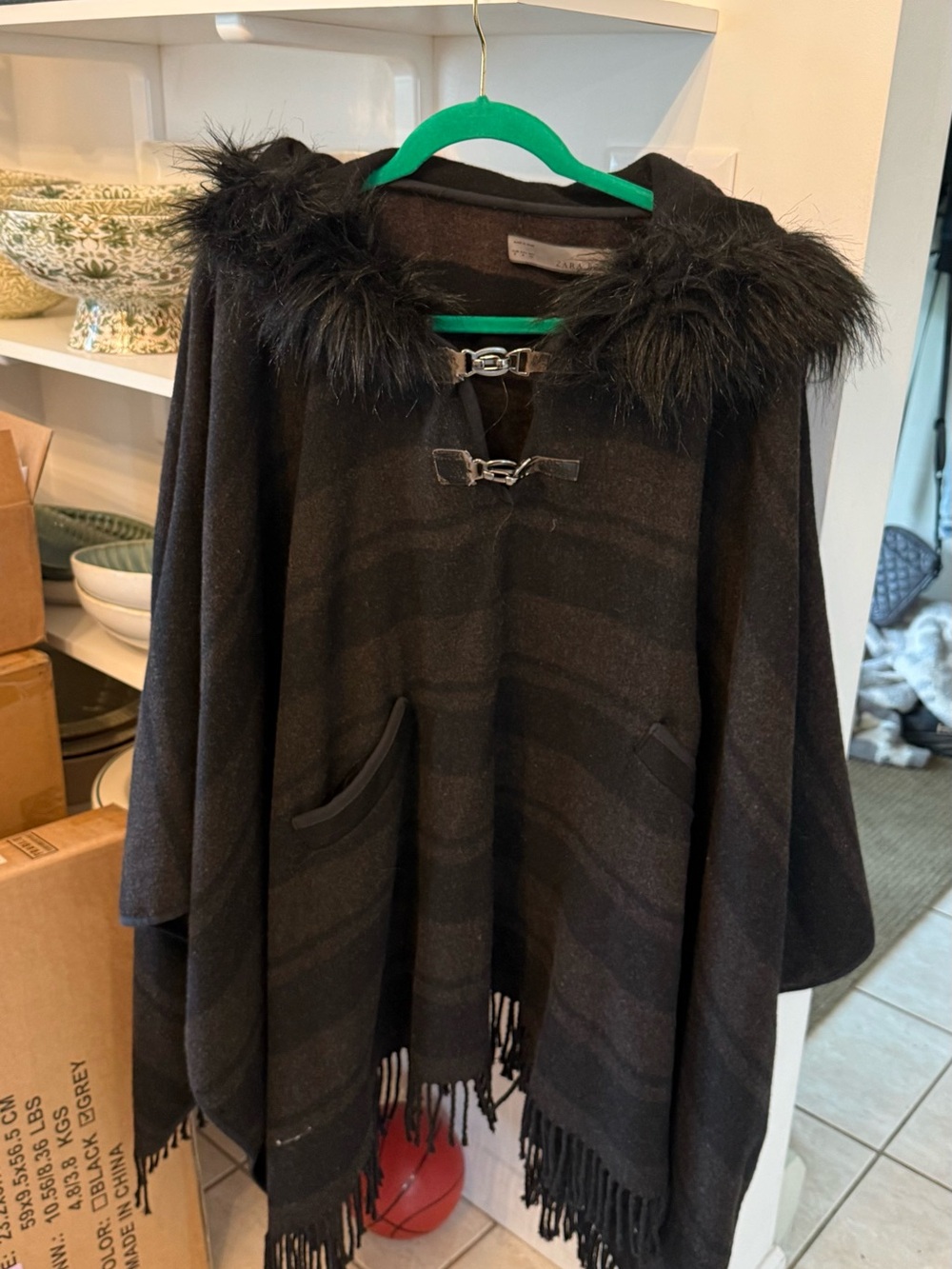 Zara Black Hooded Faux Fur Trim Poncho with Fringe